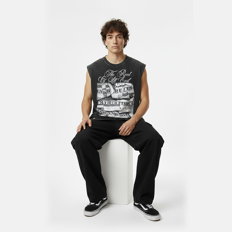 ROOT OF ALL EVIL TANK TOP SEWN SLEEVE - OVERSIZE VINTAGE MINERAL ACID WASH