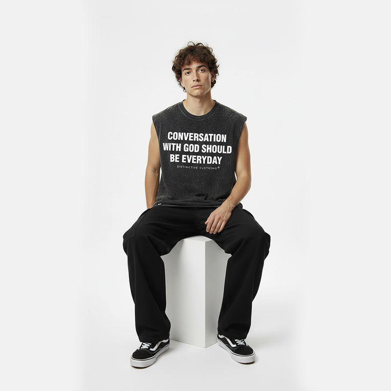 CONVERSATION WITH GOD TANK TOP SEWN SLEEVE - OVERSIZE VINTAGE MINERAL ACID WASH
