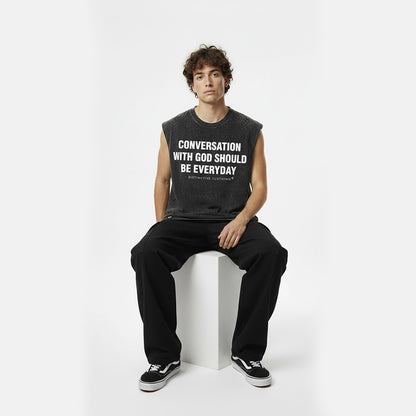 CONVERSATION WITH GOD TANK TOP SEWN SLEEVE - OVERSIZE VINTAGE MINERAL ACID WASH