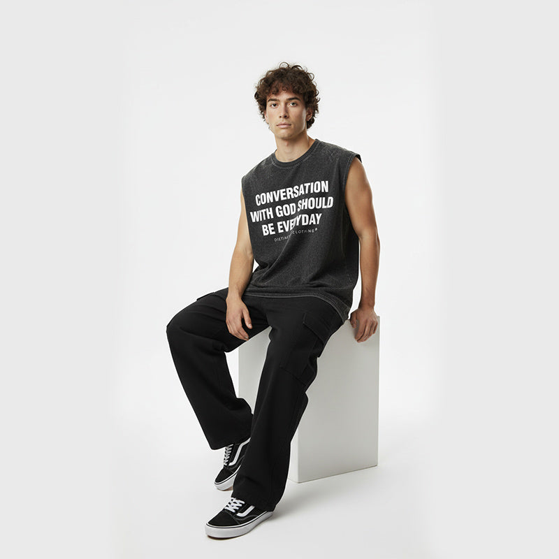 CONVERSATION WITH GOD TANK TOP SEWN SLEEVE - OVERSIZE VINTAGE MINERAL ACID WASH