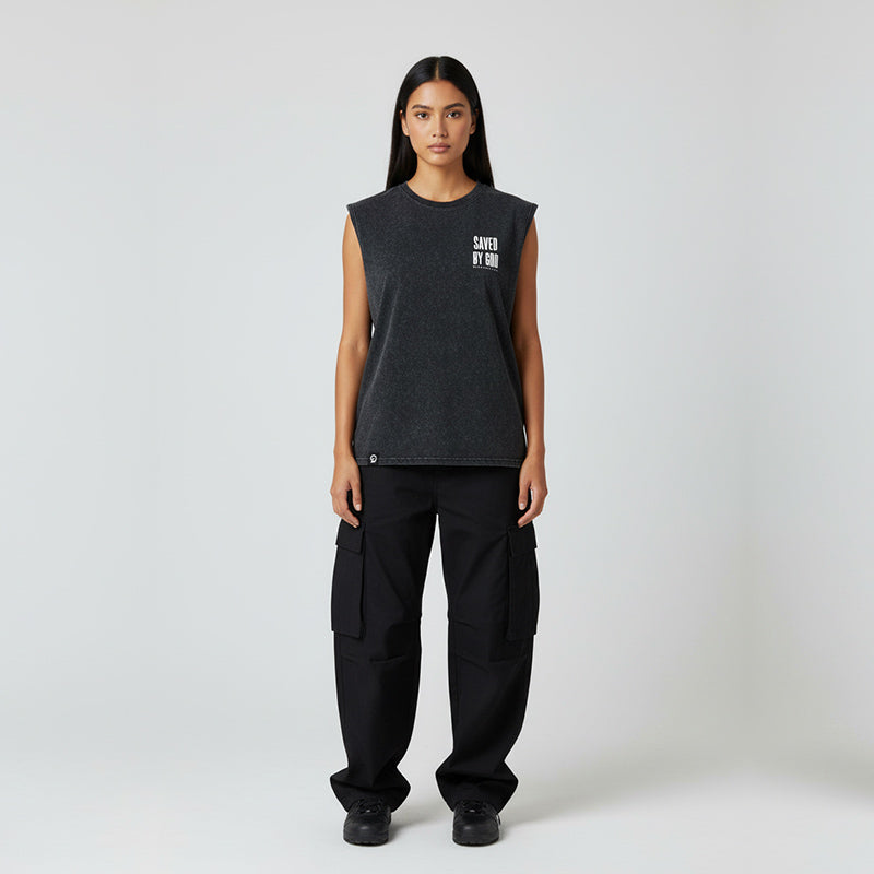 SAVED BY GOD TANK TOP SEWN SLEEVE - OVERSIZE VINTAGE MINERAL ACID WASH