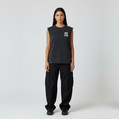 SAVED BY GOD TANK TOP SEWN SLEEVE - OVERSIZE VINTAGE MINERAL ACID WASH