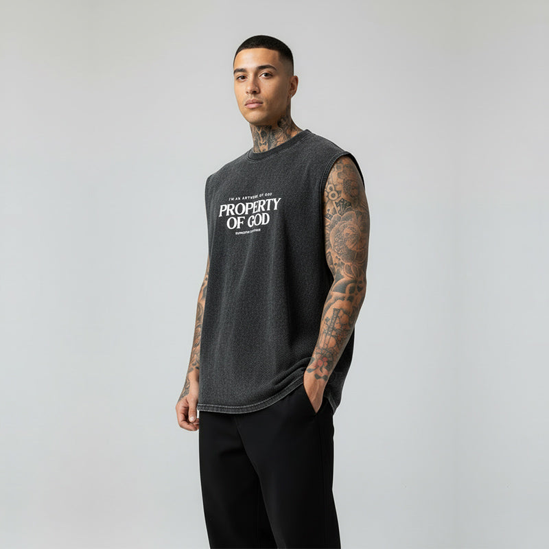 PROPERTY OF GOD TANK TOP SEWN SLEEVE - OVERSIZE VINTAGE MINERAL ACID WASH