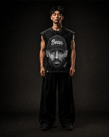 BEAN CUT-OFF RAW MUSCLE TEE - BOXY FIT VINTAGE MINERAL ACID WASH