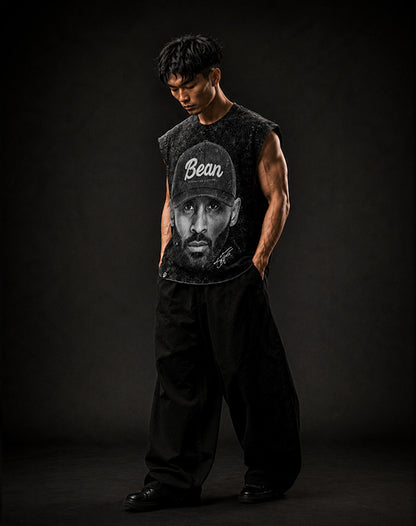 BEAN CUT-OFF RAW MUSCLE TEE - BOXY FIT VINTAGE MINERAL ACID WASH