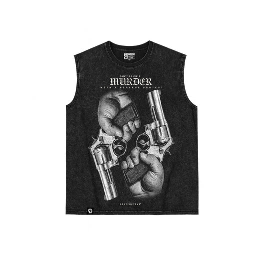 PEACEFUL PROTEST TANK TOP SEWN SLEEVE - OVERSIZE VINTAGE MINERAL ACID WASH