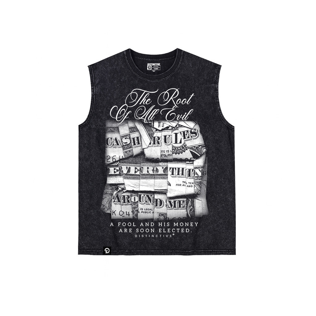 ROOT OF ALL EVIL TANK TOP SEWN SLEEVE - OVERSIZE VINTAGE MINERAL ACID WASH