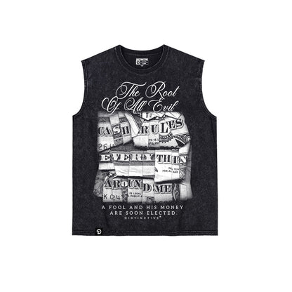 ROOT OF ALL EVIL TANK TOP SEWN SLEEVE - OVERSIZE VINTAGE MINERAL ACID WASH