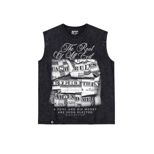 ROOT OF ALL EVIL TANK TOP SEWN SLEEVE - OVERSIZE VINTAGE MINERAL ACID WASH