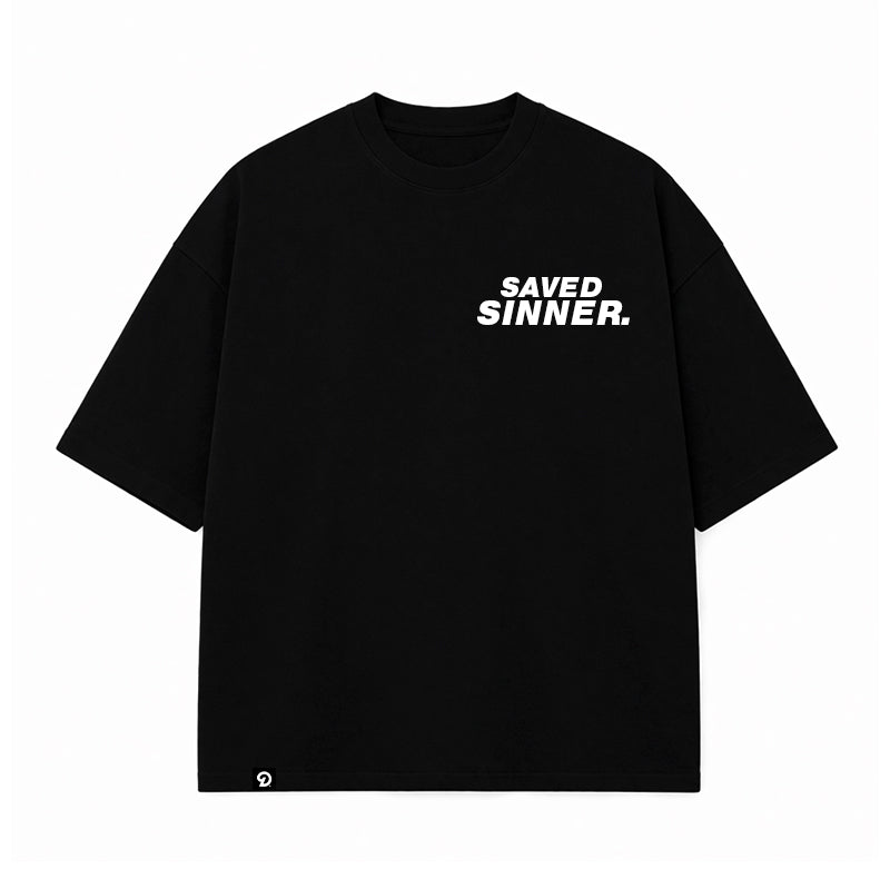 DISTINCTIVE SAVED SINNER LOGO WHITE ON BLACK - 280GSM BOXY FIT