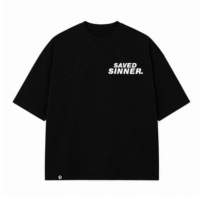 DISTINCTIVE SAVED SINNER LOGO WHITE ON BLACK - 280GSM BOXY FIT